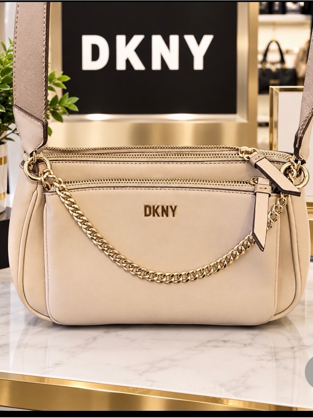 DKNY Beige Leather Shoulder Bag with Gold Chain Accent